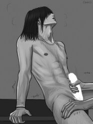 1boy abs artist_name black_hair censored chain_necklace chainsaw_man earrings einruji english_text greyscale hair_over_eyes hand_on_table hayakawa_aki heavy_breathing highres jewelry male_focus male_masturbation masturbation medium_hair monochrome necklace nipples nude on_table open_mouth parted_lips simple_background sitting sitting_on_table solo_focus stud_earrings table