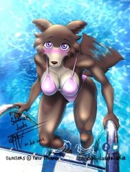 beastars bikini female juno_(beastars) looking_at_viewer solo swimming_pool tail_wagging taka_studio takaramiyatsumoto wolf_girl