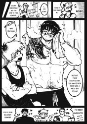 2boys after_shower bara big_dom_small_sub buff comic duo duo_focus english_text gay glasses large_male male male/male male_only monochrome muscular muscular_male original original_characters plucholy pubes pubic_hair shorts size_comparison size_difference tattoo