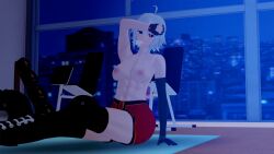 1girls 3d abs ahoge areolae dana_zane gym human koikatsu large_breasts light-skinned_female light_skin long_hair looking_at_viewer nipples partially_clothed solo solo_female spiritofrei steam sweat topless va-11_hall-a white_hair wiping_sweat