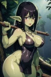 ai_generated angry_face big_breasts bikini black_hair breasts clothing dress female female_only goblin goblin_female goblin_girl high_resolution holding_weapon monster_girl red_eyes retromage solo very_high_resolution young