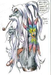 2006 anthro balls beard borni canid canine canis domestic_dog facial_hair feathers genitals hair long_beard long_hair long_mustache male mammal mature_male moustache penis smoking_pipe solo white_hair