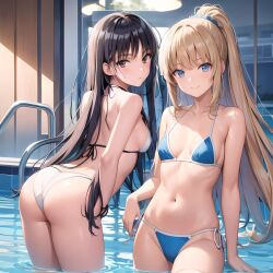 ai_generated ass back_view black_hair blonde_hair blue_bra blue_eyes blue_panties blue_swimsuit blue_swimwear classroom_of_the_elite curvy curvy_body curvy_female curvy_figure gradient_eyes horikita_suzune karuizawa_kei slim slim_body slim_waist smile smiling smiling_at_viewer swimming_pool swimsuit swimsuits swimwear tsundere white_body white_bra white_panties white_skin white_swimsuit white_swimwear youkoso_jitsuryoku_shijou_shugi_no_kyoushitsu_e