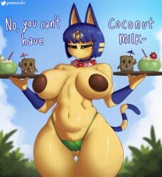 angry angry_face animal_crossing animal_ears animal_humanoid ankha ankha_(animal_crossing) artist_name blush blush_lines busty cat_ears cat_tail catgirl clouds coconut coconut_bra dark_blue_hair english_text exposed_pussy flower_necklace gammainks holding_tray hourglass_figure leaf_panties mob_face motion_lines nintendo tail text thick_thighs thighs yellow_fur