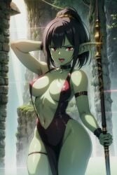 ai_generated angry_face big_breasts bikini black_hair breasts clothing dress female female_only goblin goblin_female goblin_girl high_resolution holding_weapon monster_girl red_eyes retromage solo very_high_resolution young