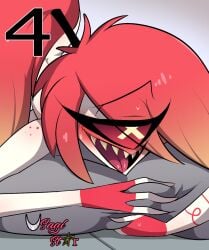 1girls arm_tattoo blush cherri_bomb_(hazbin_hotel) demon_girl freckles freckles_on_shoulders hazbin_hotel hugging_pillow naked naked_female one_eye pillow pleasure_face red_sclera red_tattoo smile smiling tagme usagi_star vivienne_medrano vivziepop white_body white_skin x_pupil x_pupils yellow_pupils