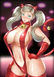 1girls ann_takamaki bell bell_collar bell_on_tail blonde_hair blue_eyes breasts cat_ears cat_tail collar fake_animal_ears fake_tail gloves hand_on_hip haryu_(artist) haryudanto hypnosis large_breasts looking_at_viewer midriff mind_control navel one-piece_swimsuit persona persona_5 red_one-piece_swimsuit red_sling_bikini red_swimsuit sling_bikini slingshot_swimsuit swimsuit tail_bell thighhighs twintails