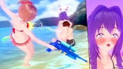 1boy 2girls ahe_gao april_fools ass blush doki_doki_literature_club female gomgom heart long_hair male mc_(doki_doki_literature_club!) multiple_girls orgasm purple_eyes purple_hair sayori_(doki_doki_literature_club) squirting squirting_on_person watergun weaponized_orgasm yuri_(doki_doki_literature_club)