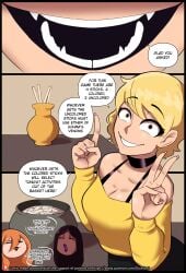 age_difference bimbo blonde_hair cayleb_(diceyboi) comic comic_page crazy_eyes dark-skinned_female dark_skin diceyboi female female/female female_focus gohma_(diceyboi) harper_(diceyboi) large_breasts lipstick mamma_(diceyboi) milf orange_hair painted_nails piercing shortstack size_difference thick_thighs