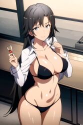 black_bra black_hair black_panties hiratsuka_shizuka my_teen_romantic_comedy_snafu shirt shirt_down shirt_lift slim_waist turquoise_eyes wine wine_glass