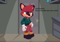 2023 anthro barry_the_quokka bodily_fluids bow_tie crossed_legs cum cum_drip dripping erection genital_fluids genitals green_eyes macropod male mammal maroon_fur marsupial penis quokka sega solo sonic_(series) sonic_the_hedgehog_(series) text th3wackytrap the_murder_of_sonic_the_hedgehog