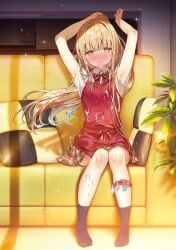 1girls armpits artist_request blush blushing blushing_at_viewer clothed clothed_female clothes clothing condom condom_in_mouth condoms cum cum_in_body cum_in_clothes cum_in_clothing cum_in_condom cum_in_face cum_in_hair cum_in_head cum_on_clothes cum_on_clothing cum_on_face cum_on_hair cum_on_head cum_on_leg cum_on_legs cum_on_lower_body cum_on_upper_body eye_open eyes eyes_open eyes_opened female female_only females_only girl_only gold_eye gold_eyes gold_hair hair hands legs looking_at_viewer no_penetration no_sex no_shoes open_eyes otonari_no_tenshi-sama_ni_itsu_no_mani_ka_dame_ningen_ni_sarete_ita_ken plant plants semen semen_in_condom semen_on_clothes semen_on_face semen_on_hair semen_on_legs semen_on_lower_body semen_on_upper_body shadow shiina_mahiru used_condom used_condoms yellow_eye yellow_eyes yellow_hair