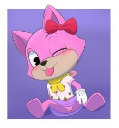 :3 absurd_res anthro blep bottomwear clothed clothing clothing_lift cub feet felid feline female food fruit fur genitals hi_res jacket mammal pac-man_eyes pancake_(toontown) pink_body pink_fur plant pussy red_bow scarf skirt skirt_lift solo strawberry tongue tongue_out toontown_corporate_clash toontown_online toony toony_eyes topwear yosa8800