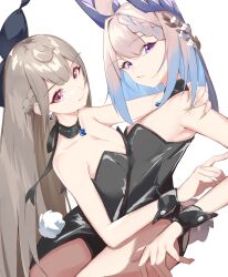 2girls ahoge bare_shoulders black_bunnysuit blue_hair braid bunny_tail bunnysuit collar cream_hair duo duo_female duo_focus enna_alouette exposed_shoulders flat_chest flat_chested flowers flowers_in_hair gray_hair grey_hair hair_wings head_wings hi_res highres light-skinned_female light_skin looking_at_viewer maqi2222 nijisanji nijisanji_en purple_eyes red_eyes reimu_endou side_braid small_breasts two_tone_hair virtual_youtuber wrist_cuffs