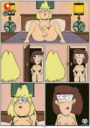 2girls beckoning bed bedroom big_breasts blonde_hair blush breasts brown_hair brunette come_hither comic comic_page earrings edit female female_masturbation female_only fingering fingering_self glasses imminent_sex inviting_to_sex lesbian masturbation milf mrs._gurdle multiple_girls nipples nude red_lipstick rita_loud the_loud_house theminus wide_hips yuri