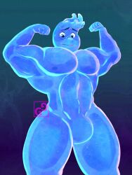 1boy abs adr1en_presley anthro biceps blue_body blue_eyes bulge disney elemental_(pixar) elemental_creature elemental_humanoid fist flexing humanoid male male_only muscular muscular_arms muscular_male naked nervous nipples nude pixar sweat translucent translucent_body wade_ripple water water_body water_creature watermark