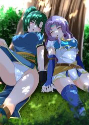 2girls against_tree armor bare_arms bare_legs bare_thighs blush boots breasts closed_eyes clothes_lift elbow_gloves female female_focus fingerless_gloves fire_emblem fire_emblem:_the_blazing_blade florina_(fire_emblem) gloves green_hair headband holding_hands kisaragi_setsu_(mssk8485) large_breasts legs long_hair lyn_(fire_emblem) medium_breasts multiple_girls nintendo open_mouth outdoors panties pantyshot pantyshot_(sitting) pelvic_curtain pelvic_curtain_lift ponytail purple_hair short_sleeves sitting skirt_lift sleeping thick_thighs thigh_boots thighs tree underwear upskirt very_long_hair white_panties yuri