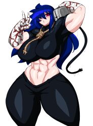 big_breasts big_thighs black_clothing black_legwear blood blue_hair clothed_female clothing eyebrows_visible_through_hair kailyn long_hair looking_at_viewer lynkai muscles muscular muscular_female noose oc original original_character peace_sign red_eyes self_harm suicide thick_thighs thighs toaster wink winking winking_at_viewer