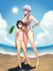 2girls bare_legs bare_shoulders baret beach big_breasts bikini black_hair bleach breast_envy breast_size_difference breasts busty cap curvaceous embarrassed fat_breasts feet female female_only flat_belly flat_chest gairon hand_on_head hand_on_waist hat hat_removed head_pat heels height_difference high_heels holding_partner kotetsu_isane kuchiki_rukia large_breasts larger_female looking_at_viewer looking_away multiple_girls naked_footwear one-piece_swimsuit open_toe_shoes outside petite_body pettanko revealing_swimsuit seaside short_hair silver_hair size_difference smaller_female swimsuit taller_female taller_girl voluptuous waist_grab wide_hips