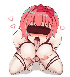 1girls artemitzuki_(artist) blush bondage bow breasts doki_doki_literature_club eyes_covered hairbow heart nipples red_bow red_hair_bow red_hairbow sayori_(doki_doki_literature_club) strawberry_print tongue tongue_out