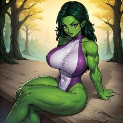 ai_generated audiostick breasts detailed_background forest green_skin hulk_(series) large_breasts leotard looking_at_viewer marvel marvel_comics muscular red_eyes she-hulk sitting skin_tight skintight stable_diffusion strong superhero tight_clothes tight_clothing tree trees