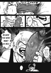 2boys bara big_dom_small_sub big_penis blowjob buff comic duo duo_focus english_text gay glasses large_penis larger_male male male/male male_only monochrome muscular muscular_male oral oral_sex original original_characters penis plucholy pubes pubic_hair size_comparison size_difference twitching