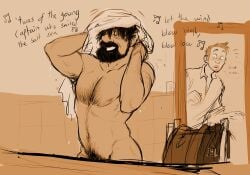 2boys bara beard black_hair bulge captain_haddock caught chest_hair facial_hair gay hads half-dressed male_only muscles muscular muscular_male no_visible_genitalia pubes pubic_hair short_hair size_difference the_adventures_of_tintin tintin