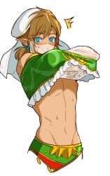 1boy bishonen blonde_hair blue_eyes blush bra breath_of_the_wild crossdressing disguise earrings elf_ears exposed_shoulders exposed_torso femboy gerudo_link gerudo_outfit haoda1ke headwear hylian hylian_ears lifting_shirt link looking_at_viewer male male_focus male_only midriff nipples pretty_boy shirt_lift shocked sleeves slim_waist solo solo_focus solo_male sweating tagme the_legend_of_zelda tummy twink