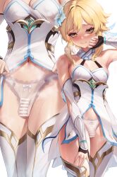 1futa armpits balls bar_censor blonde_hair breasts bulge censored clothed clothes_lift clothing dress embarrassed flaccid flaccid_penis full-package_futanari futa_only futanari genshin_impact hi_res higher_resolution_duplicate horny human light-skinned_futanari light_skin looking_at_viewer lumine_(genshin_impact) multiple_views padoruu partially_clothed penis see-through see-through_panties short_hair solo standing sweat thighhighs white_flower white_panties