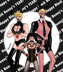 3boys black_hair black_legwear black_thighhighs blonde_hair brothers bunny_boy bunny_ears bunny_tail chest_tattoo cleavage_cutout collar corset donquixote_doflamingo donquixote_rosinante facepaint fishnets gajja handcuffs height_difference makeup male male_only male_playboy_bunny mini_giant necktie one_piece restrained reverse_bunnysuit scars smile spiked_collar sunglasses tan_skin tattoo tattoos thighhighs trafalgar_law