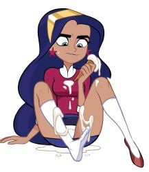 1girls accurate_art_style blush dc_comics dc_super_hero_girls diana_prince embarrassed female female_only ice_cream mangamaster panties solo spilled_food star_earrings suggestive suggestive_fluid suggestive_food sweat upskirt white_background wonder_woman wonder_woman_(series)