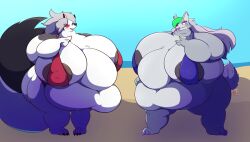 2023 anthro beach big_breasts bikini black_body black_fur black_nose blue_bikini blue_clothing blue_swimwear breasts canid canid_demon canine canis clothing demon digital_drawing_(artwork) digital_media_(artwork) duo female five_nights_at_freddy's five_nights_at_freddy's:_security_breach fur green_hair grey_body grey_fur grey_hair hair hellhound helluva_boss hi_res loona_(helluva_boss) mammal multicolored_body multicolored_fur nipples obese obese_anthro obese_female overweight overweight_anthro overweight_female red_bikini red_clothing red_sclera red_swimwear roxanne_wolf_(fnaf) scottgames seaside steel_wool_studios swimwear tynami white_body white_fur wolf