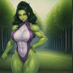 ai_generated audiostick breasts detailed_background forest green_eyes green_skin hand_on_hip hulk_(series) large_breasts leotard marvel marvel_comics muscular she-hulk skin_tight skintight stable_diffusion standing strong superhero tight_clothes tight_clothing tree trees