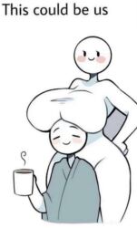 artist_request big_ass big_breasts big_butt blanket boobs_on_head breasts coffee coffee_mug huge_breasts shorter_male sleepy taller_female taller_girl text wholesome wide_hips