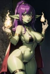 ai_generated angry_face big_breasts bikini breasts casting_spell clothing dress female female_only fire fireball goblin goblin_female goblin_girl high_resolution lingerie magic monster_girl purple_hair red_eyes retromage solo very_high_resolution young