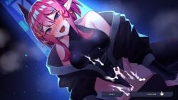 alley black_horn cowgirl_position cum cum_inside cum_on_breasts cum_on_stomach demon_girl dominant_female game game_cg happy happy_sex heart horns mio_(paradise_overlap) on_top paradise_overlap pink_hair