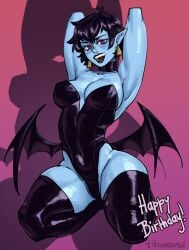 1girls 2022 absurd_res armpits arms_behind_head bat_wings black_hair black_legwear blue_skin blush bunnysuit collar earrings female female_only happy_birthday jude_(suoiresnu) kneeling legwear leotard looking_at_viewer pointy_ears red_eyes short_hair smiling smiling_at_viewer solo thick_thighs thigh_squish thighhighs titobeansz vampire wings