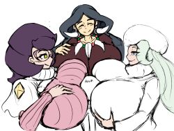 3girls anonymous big_breasts breast_smother breasts breasts_bigger_than_head closed_eyes color drasna_(pokemon) female female_focus female_only huge_breasts looking_at_another melony_(pokemon) milf open_mouth pokemon pokemon_sm pokemon_ss pokemon_xy purple_hair size_difference source_request tagme wicke_(pokemon)