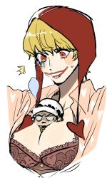 between_breasts big_breasts blonde_hair bra bra_cups_sticking_out chibi chullo cleavage clown_makeup coif donquixote_rosinante facepaint female genderswap_(mtf) hat headwear hood lipstick makeup male miniboy one_piece open_shirt red_eyes red_lipstick rule_63 short_hair size_difference smile sweatdrop trafalgar_law upper_body very_short_hair white_background yanchaxd