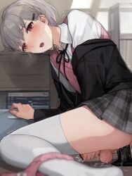 1boy anal anal_object_insertion ass blush censored cum dildo femboy girly grey_hair highres looking_at_viewer male male_only no_shoes object_insertion open_mouth original otoko_no_ko panties panties_around_one_leg penis pink_eyes pleated_skirt sex_toy short_hair skirt solo sunaba_(nczd5875) sweat testicles thighhighs trap underwear white_thighhighs