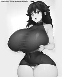 ai_generated black_and_white clothed female friday_night_funkin girlfriend_(friday_night_funkin) holding_breast huge_breasts monochrome monochrome_ai open_mouth