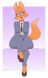 absurd_res alternate_version_available anthro business_suit canid canine clothing diane_foxington dreamworks eyebrow_piercing eyewear facial_piercing female female_focus female_only footwear fox glasses hi_res high_heels looking_at_viewer mammal mehdrawings necktie open_mouth open_smile piercing sitting smile solo suit the_bad_guys thick_thighs wide_hips