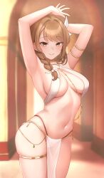 1girls absurdres armpits arms_up aura_(aurapls) bare_arms bare_shoulders bikini braid breasts brown_eyes brown_hair chains chains cleavage closed_mouth collar cowboy_shot dancer dancing female female female_only fire_emblem fire_emblem_engage gold goldmary_(fire_emblem) hair_over_shoulder harem_outfit highres large_breasts light-skinned_female light_skin long_hair looking_at_viewer mole mole_on_breast navel nintendo o-ring o-ring_top panties pelvic_curtain revealing_clothes skindentation smile solo stomach swimsuit thighlet thighs underwear white_bikini white_panties