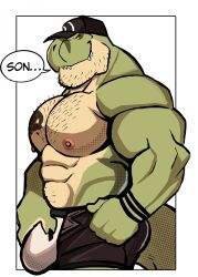 abs anthro beard biceps body_hair bulge chest_hair claws clothing darknaigart dialogue dinosaur facial_hair flaccid green_body hat headgear headwear hi_res jace_(darknaig) looking_at_viewer male male_only muscular muscular_anthro muscular_male nipples pecs reptile scalie solo tattoo theropod tyrannosaurid tyrannosaurus tyrannosaurus_rex underwear unzipped unzipped_pants yellow_eyes zipper