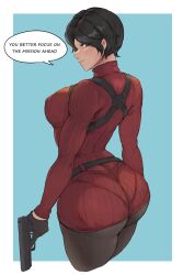 1girls ada_wong ada_wong_(adriana) asian asian_female ass_focus female female_only firearm gun huge_ass huge_breasts looking_at_viewer looking_back nipple_bulge pantylines resident_evil resident_evil_4 resident_evil_4_remake sweater sweater_dress talking_to_viewer tezy8art thick_thighs tight_clothing