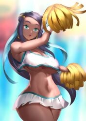 1girls black_hair blue_eyes blue_hair blue_highlights blue_streak breasts cheerleader cheerleader_uniform crop_top dark-skinned_female dark_skin earrings haryu_(artist) haryudanto highlights_(coloring) hoop_earrings hypnosis large_breasts long_hair looking_at_viewer microskirt midriff mind_control navel nessa_(pokemon) nintendo no_bra pokemon pokemon_ss pom_poms skirt streaked_hair two_tone_hair underboob white_crop_top white_skirt