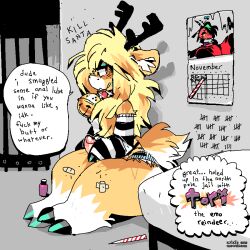 2020 bandaid black_eyeshadow blonde_hair calendar collar dialogue digital_drawing_(artwork) emo english_text erect_penis erection eyeshadow femboy girly hooved_toes humanoid_penis inner_ear_fluff makeup narrowed_eyes oriole_(artist) penis prison prison_cell reindeer reindeer_antlers sitting smile speech talking_to_viewer text thick_thighs