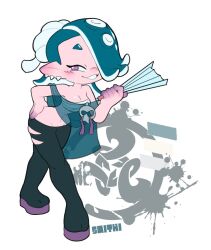1girls blue_hair blush breasts chest_wraps cleavage eversmithi fan female leggings logo looking_at_viewer octoling shiver_(splatoon) smile smiling_at_viewer splatoon splatoon_(series) splatoon_3 tagme tight_clothing wrappings