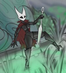 anthro arthropod athletic_female black_body breasts cape clothing exoskeleton female genitals hi_res hollow_knight horn hornet_(hollow_knight) insect insect_girl ksatti mostly_nude pussy solo spread_legs spreading team_cherry vessel_(species) weapon white_head