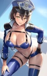 2022 2d 2d_(artwork) absurdres azur_lane baltimore_(azur_lane) baltimore_(finish_line_flagbearer)_(azur_lane) big_breasts big_thighs bikini black_bikini blue_bikini blue_headwear blue_jacket blue_shorts blue_sky blue_thighhighs boots breasts brown_hair chest_harness choker cleavage cloud collarbone cropped_jacket cuboon day detached_sleeves female female_only fully_clothed hair_between_eyes harness hat head_tilt hi_res highleg highleg_bikini highres huge_breasts jacket large_breasts large_thighs looking_at_viewer micro_shorts navel parted_lips race_queen revealing_clothes shiny_clothes short_hair shorts sidelocks single_sleeve skimpy_clothes skindentation sky smile smiling solo standing stockings stomach sweat swimsuit thick_thighs thigh_boots thighhighs thighs thong underboob uniform yellow_eyes